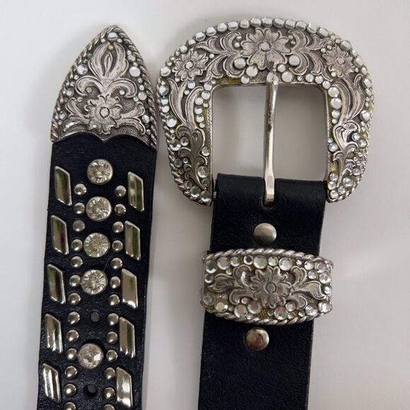 Vintage 90s Grunge Black Leather Chunky Festival Indie Hippie Rhinestone Belt /L main image 4